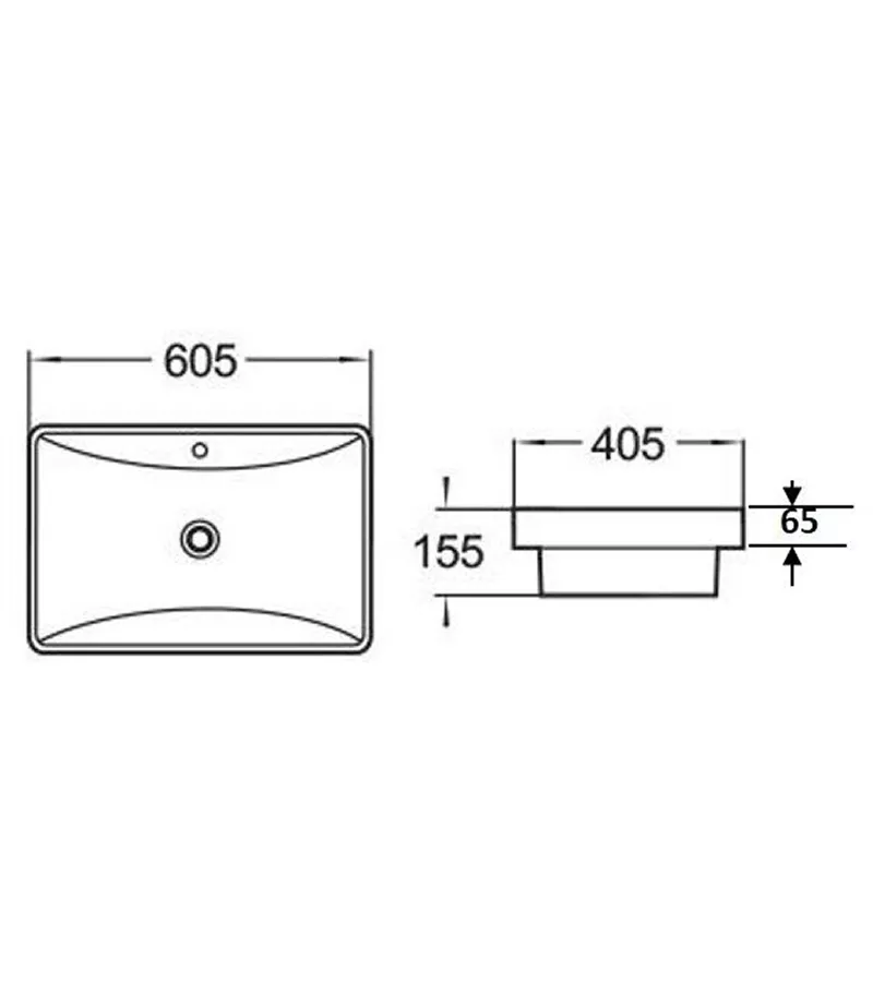 605 x 405 x 155mm Gloss White Rectangle Insert-In Ceramic Basin