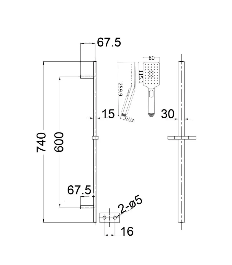 Eden Hand Shower On Rail - Specification