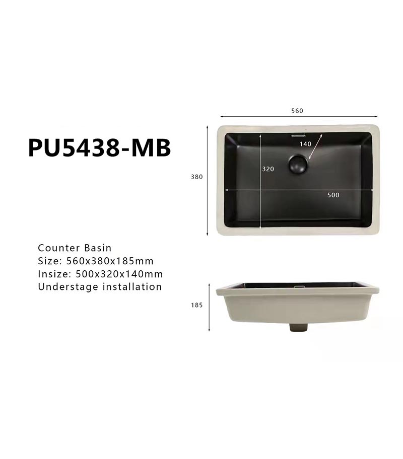 560 x 380x 185mm Rectangle Undermount Ceramic Basin - Matte Black Specification