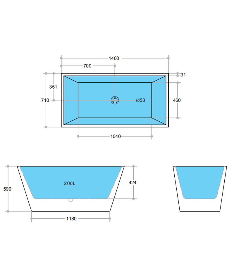 1400X702X590mm Cube Gloss White Freestanding Bathtub Specification