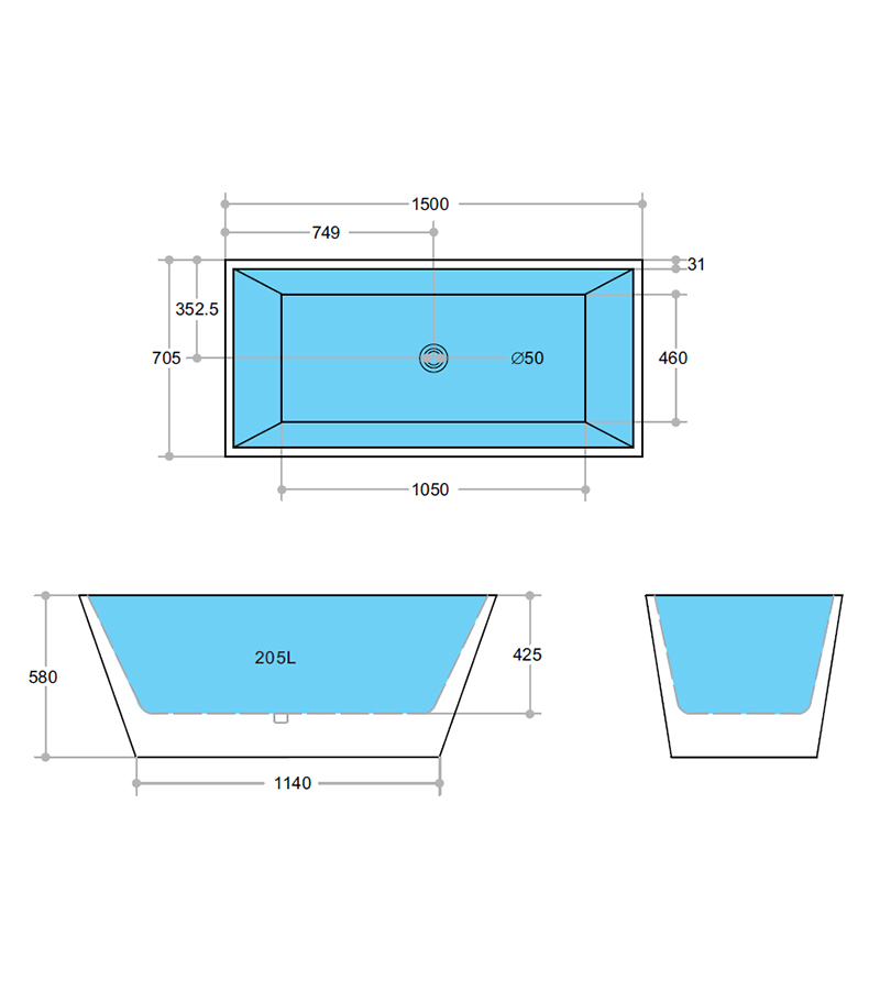 1498X705X580mm Cube Gloss White Freestanding Bathtub Specification
