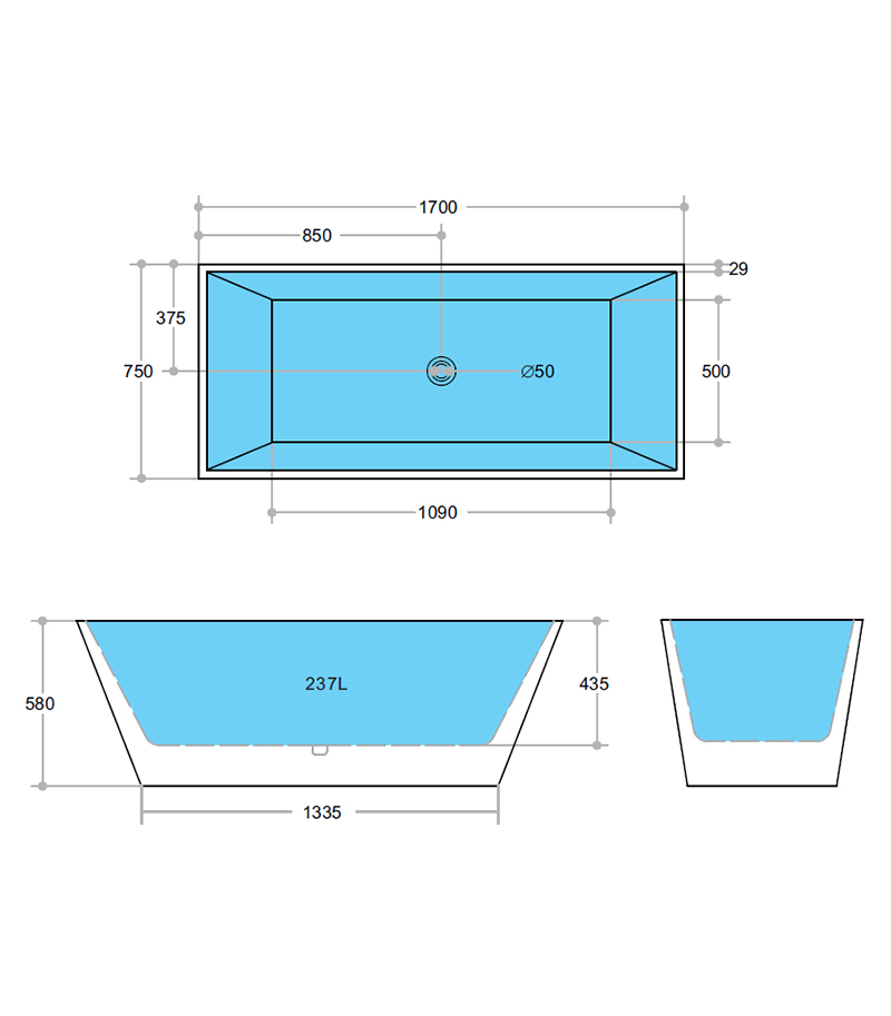1700X750X578mm Cube Gloss White Freestanding Bathtub Specification