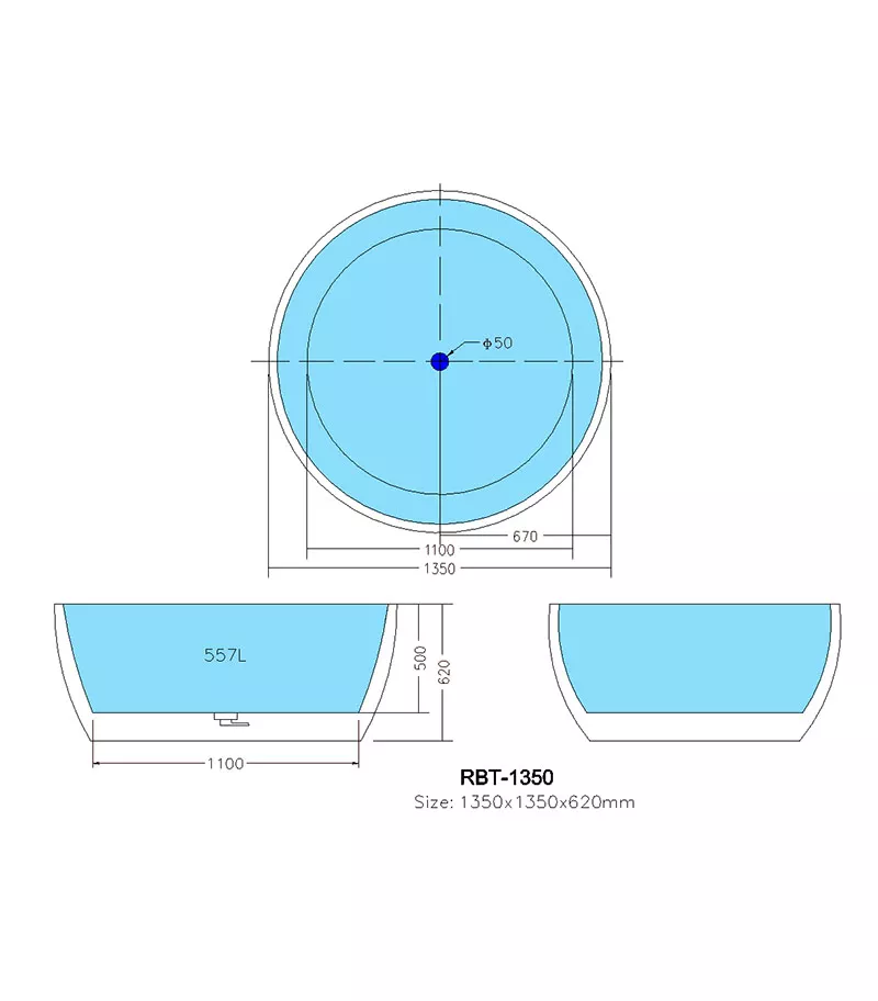 1350X1350X620mm Sphere Gloss White Freestanding Bathtub Specification