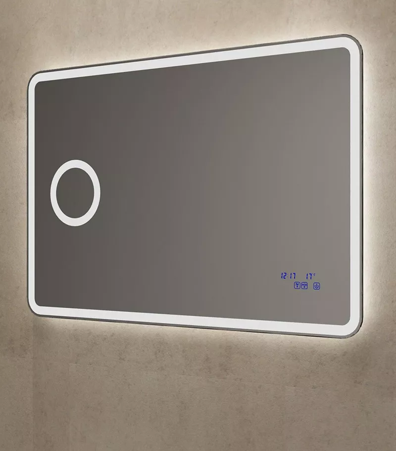 Reno 1200mm x 800mm LED Mirror With Cosmetic Mirror, Clock & Temperature Reno 1200mm x 800mm LED Mirror With Cosmetic Mirror, Clock & Temperature