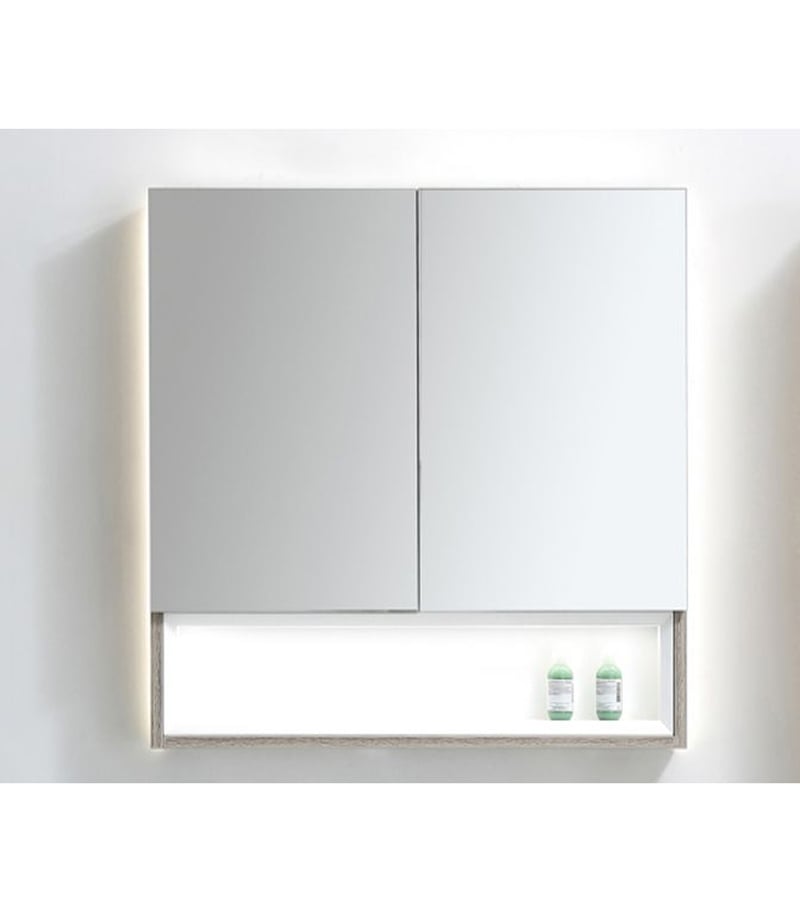 LED Light Oak 600mm x 720mm Mirror Cabinet With 2 Doors & 1 Storage