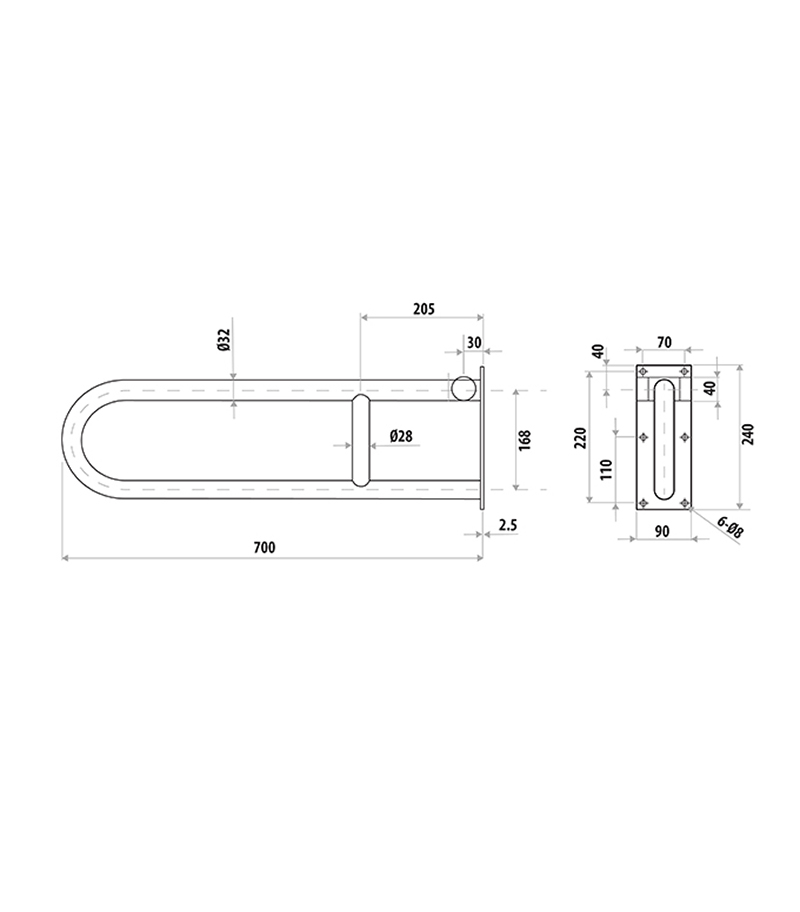 Technical Drawing For Linkcare Polished Stainless Steel Flip up Hand Rail LC111