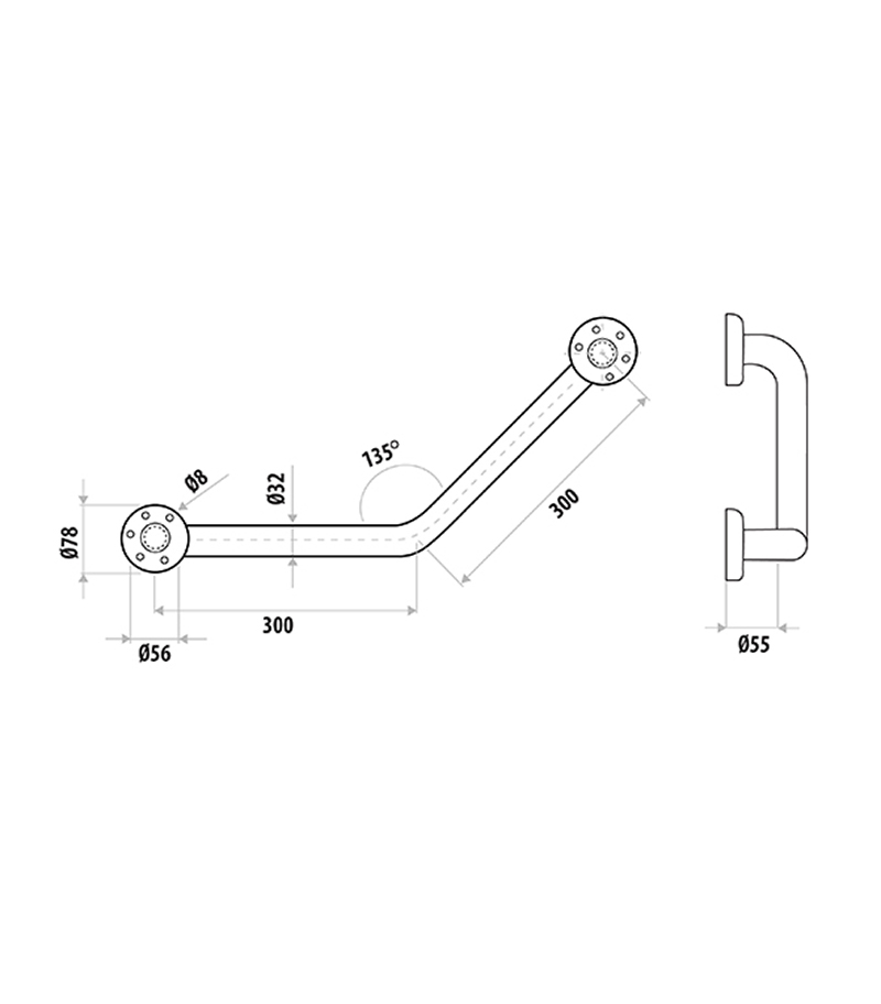Technical Drawing For Linkcare Polished Stainless Steel Grab Bar 135 Degree LC101