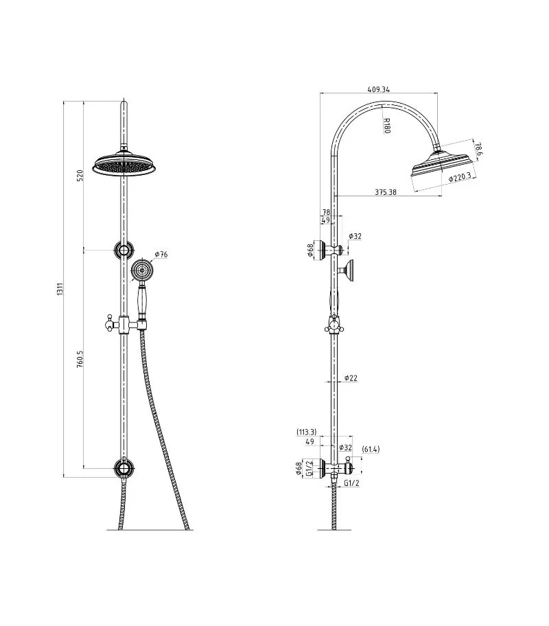 Clasico Twin Shower On Rail - Specification