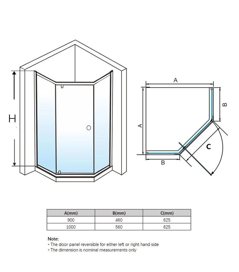 Semi Frameless Diamond Shower Screen Pivot Door Specification