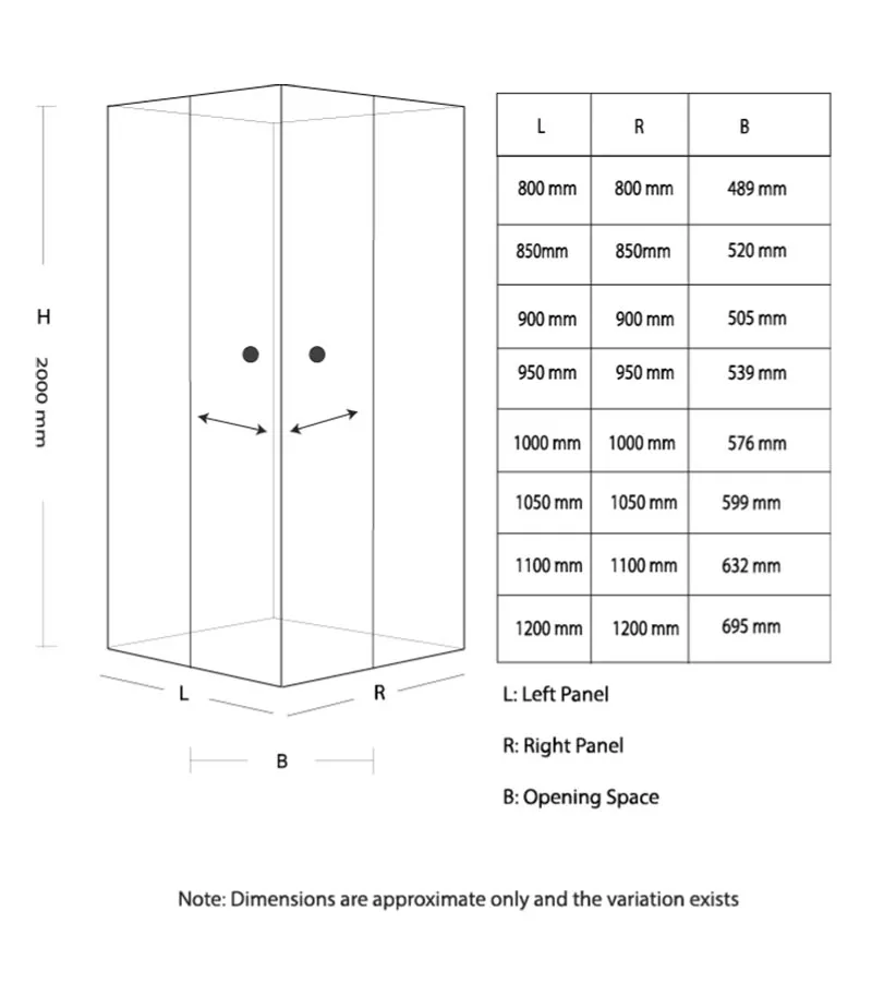 Square Sliding Door Shower Screen Open From Centre Specification