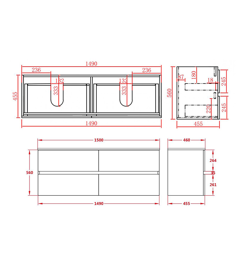 Technical Drawing For Citi 1500mm Double Bowls PVC Wall Hung Vanity