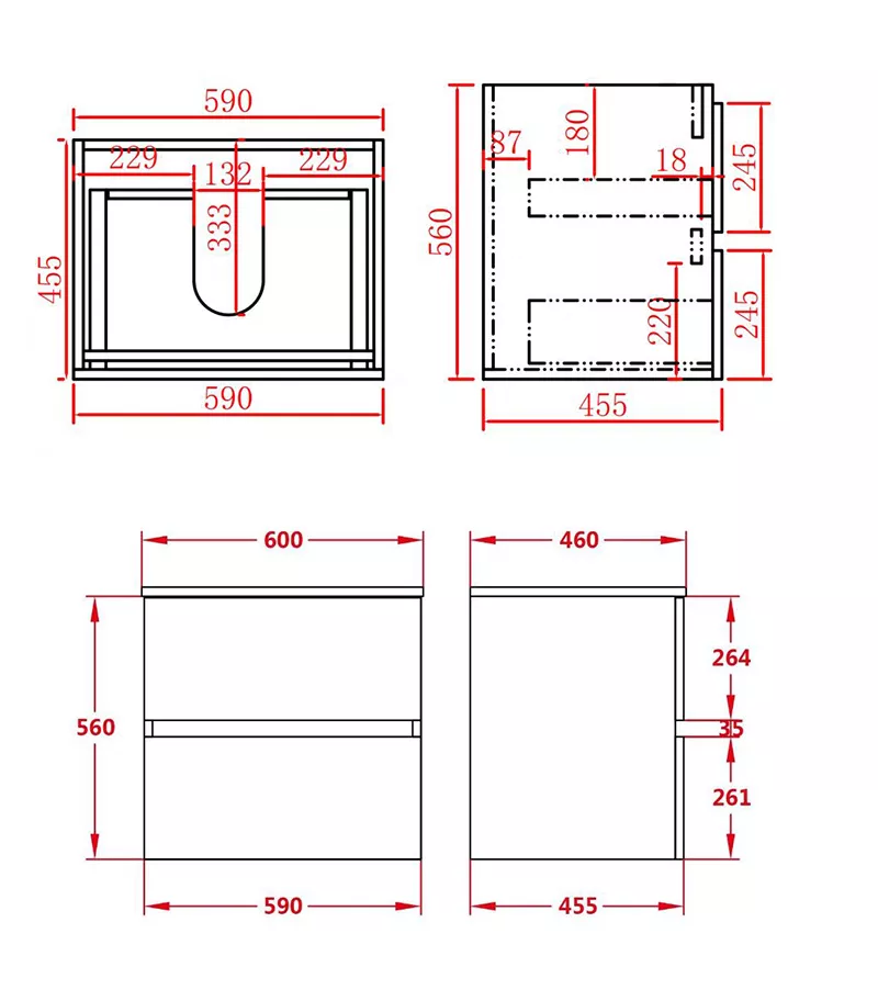 Citi Oak 600mm PVC Wall Hung Vanity Technical Drawing