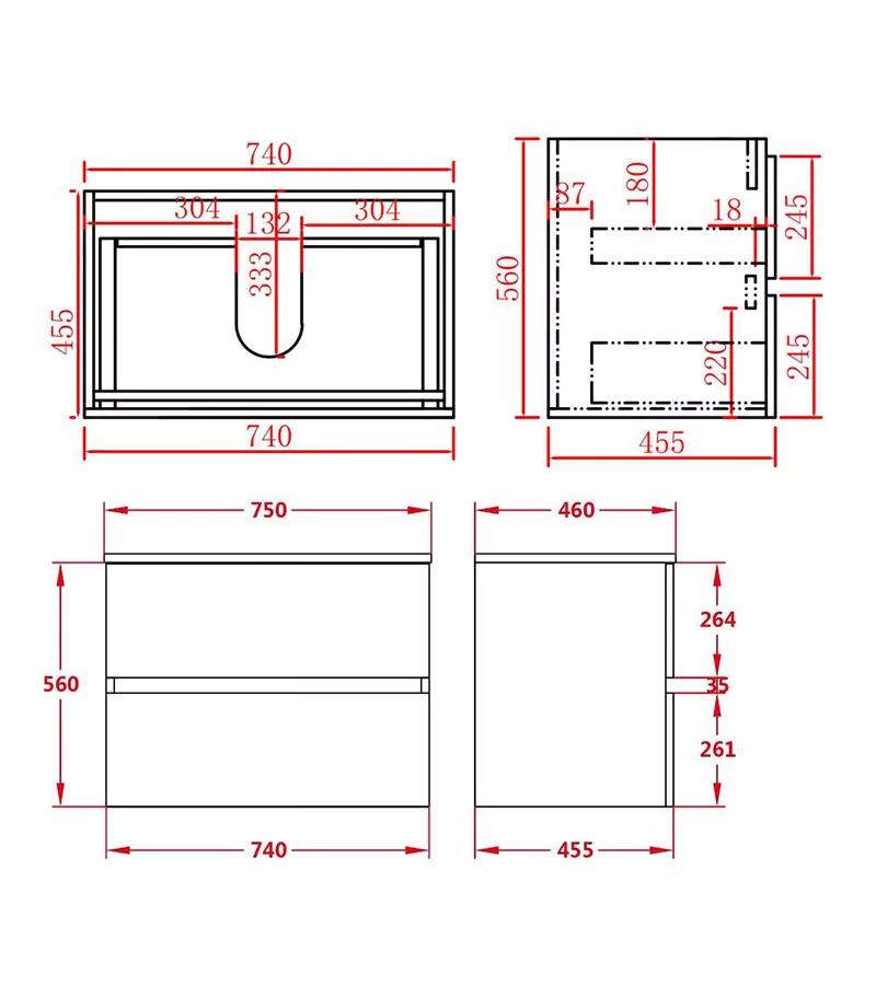 Technical Drawing For Citi 750mm PVC Wall Hung Vanity