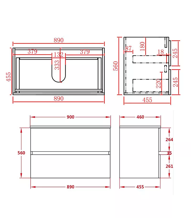 Technical Drawing For Citi 900mm PVC Wall Hung Vanity