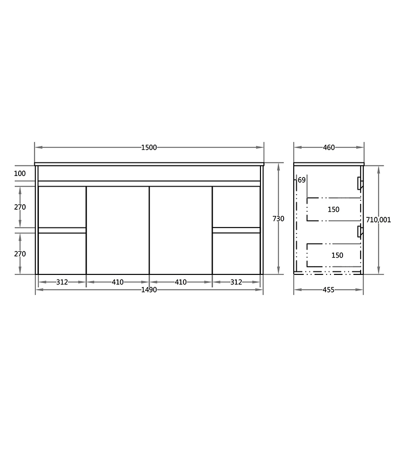Technical Drawing For Bexley Gloss White 1500mm Single/Double Bowl PVC Wall Hung Vanity