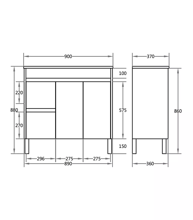 900mm x 365mm x 880mm Oxley Narrow Ceramic Top PVC Vanity With Legs or Kickboard