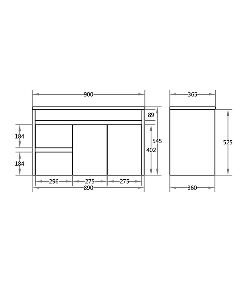 900mm x 365mm x 545mm Bexley Narrow Ceramic Top PVC Wall Hung Vanity