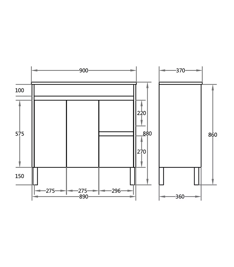 900mm x 365mm x 880mm Oxley Narrow Ceramic Top PVC Vanity With Legs or Kickboard