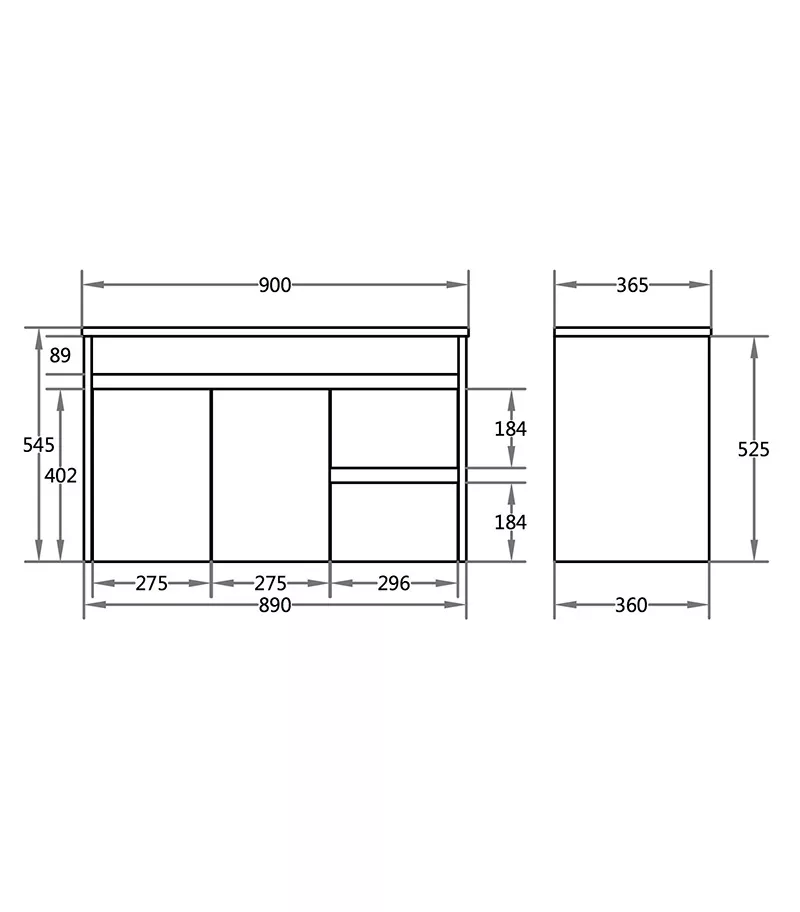 900mm x 365mm x 545mm Bexley Narrow Ceramic Top PVC Wall Hung Vanity