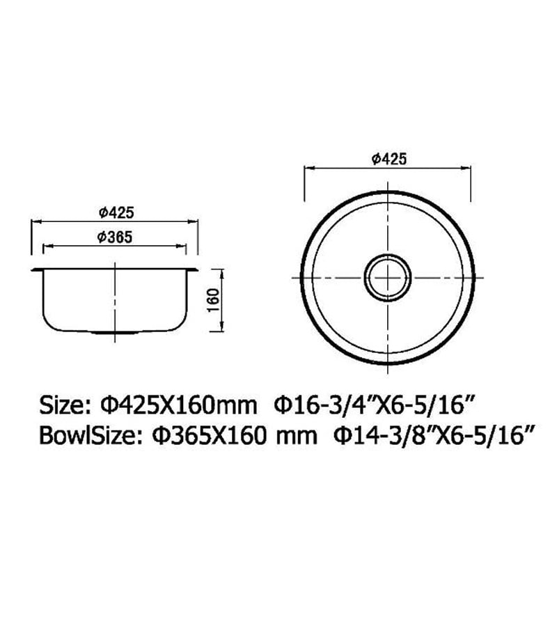Technical Drawing For Round Chrome Single Bowl Sink 430mm BK45