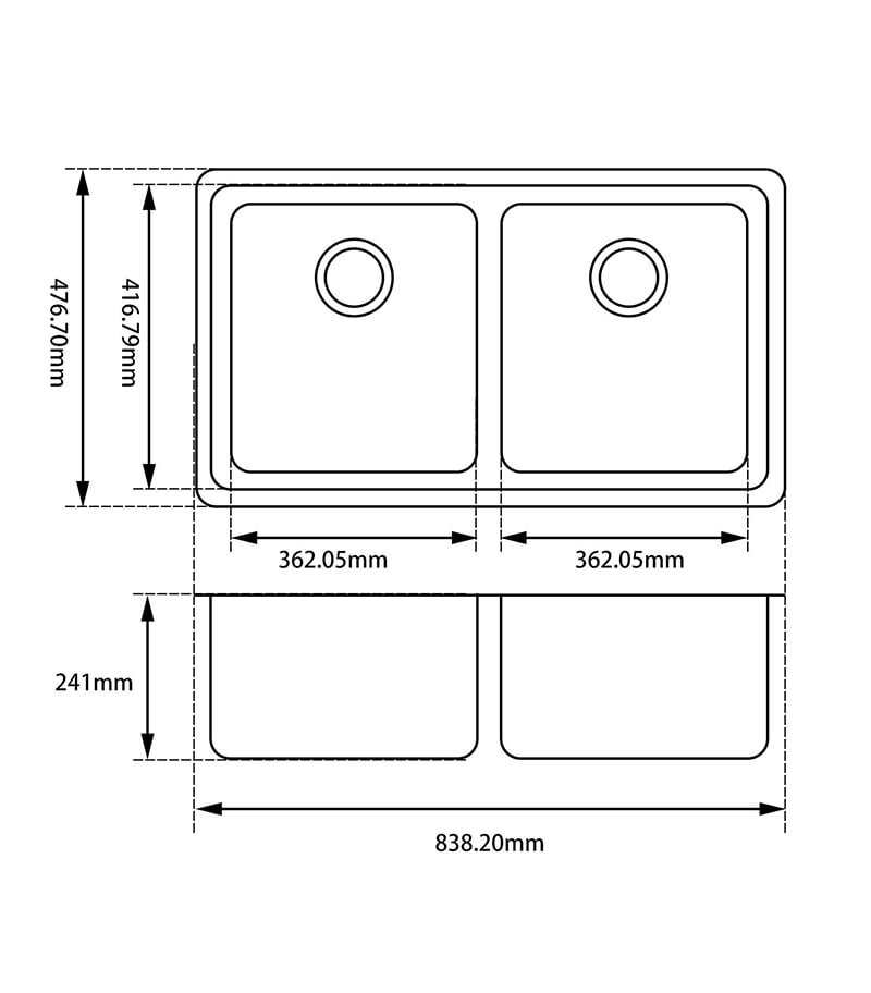 Arete Granite Double Bowl Kitchen Sink 838mm 8347.KS Technical Drawing