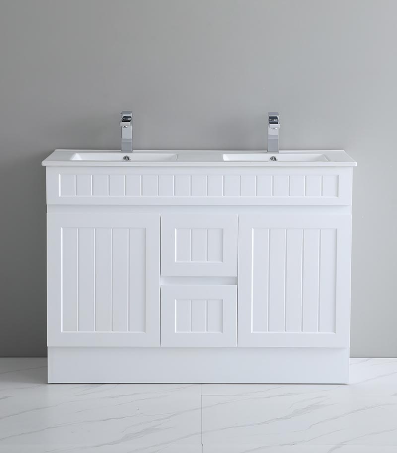 Acacia Shaker Matt White 1200mm Double Bowls PVC Freestanding Vanity With Kickboard Acacia Shaker Matt White 1200mm Double Bowls PVC Freestanding Vanity With Kickboard