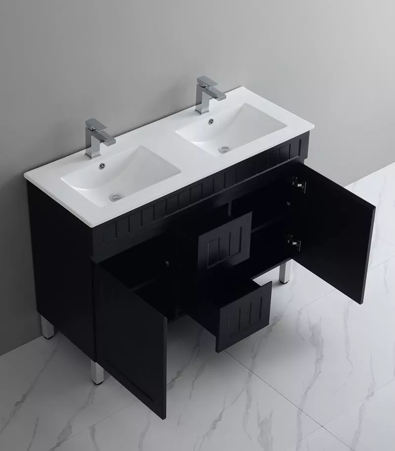 Acacia Shaker Matt Black 1200mm Double Bowls PVC Freestanding Vanity Interior View Acacia Shaker Matt Black 1200mm Double Bowls PVC Freestanding Vanity Interior View