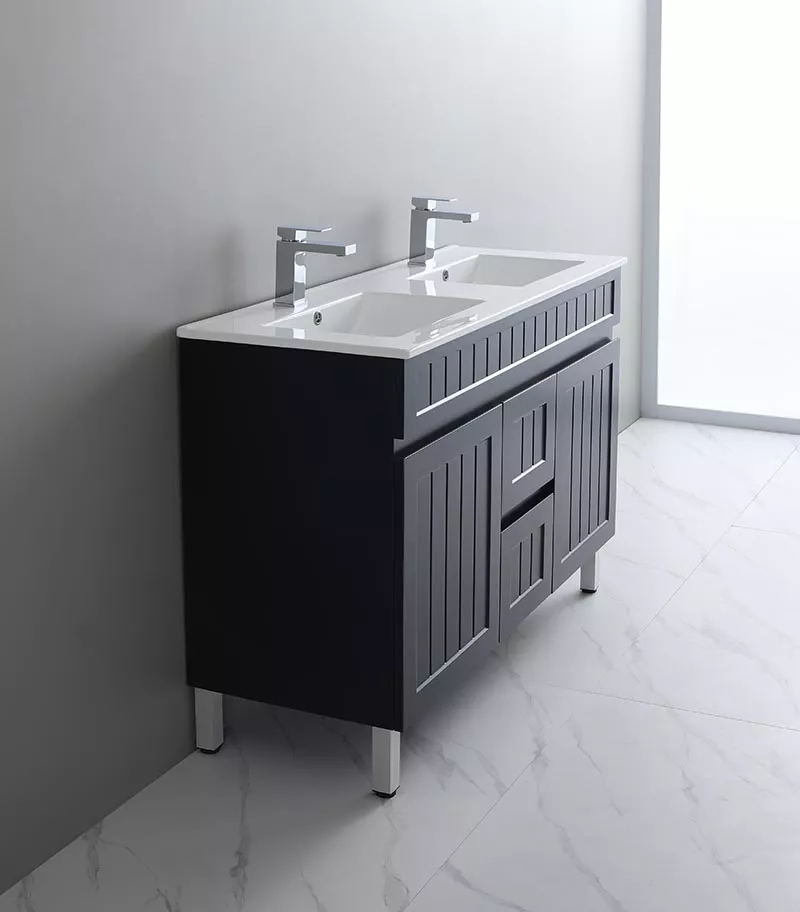 Acacia Shaker Matt Black 1200mm Double Bowls PVC Freestanding Vanity Sideview Acacia Shaker Matt Black 1200mm Double Bowls PVC Freestanding Vanity Sideview