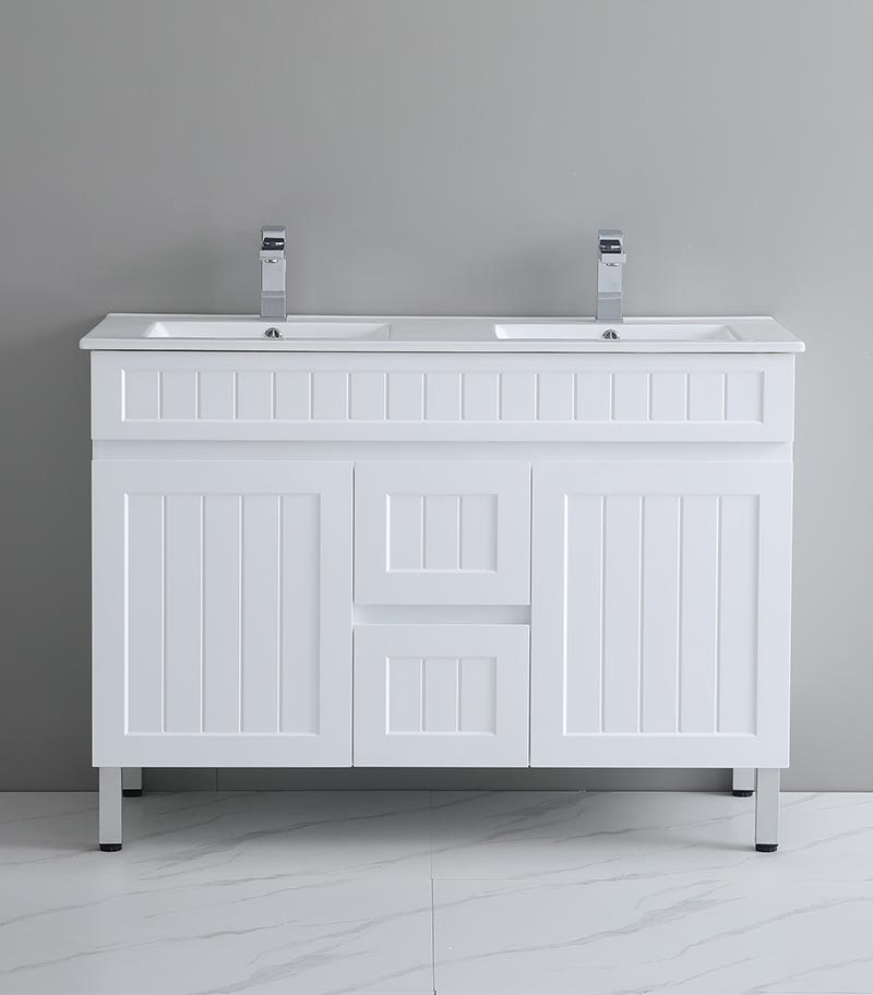 Acacia Shaker Matt White 1200mm Double Bowls PVC Freestanding Vanity With Legs Acacia Shaker Matt White 1200mm Double Bowls PVC Freestanding Vanity With Legs