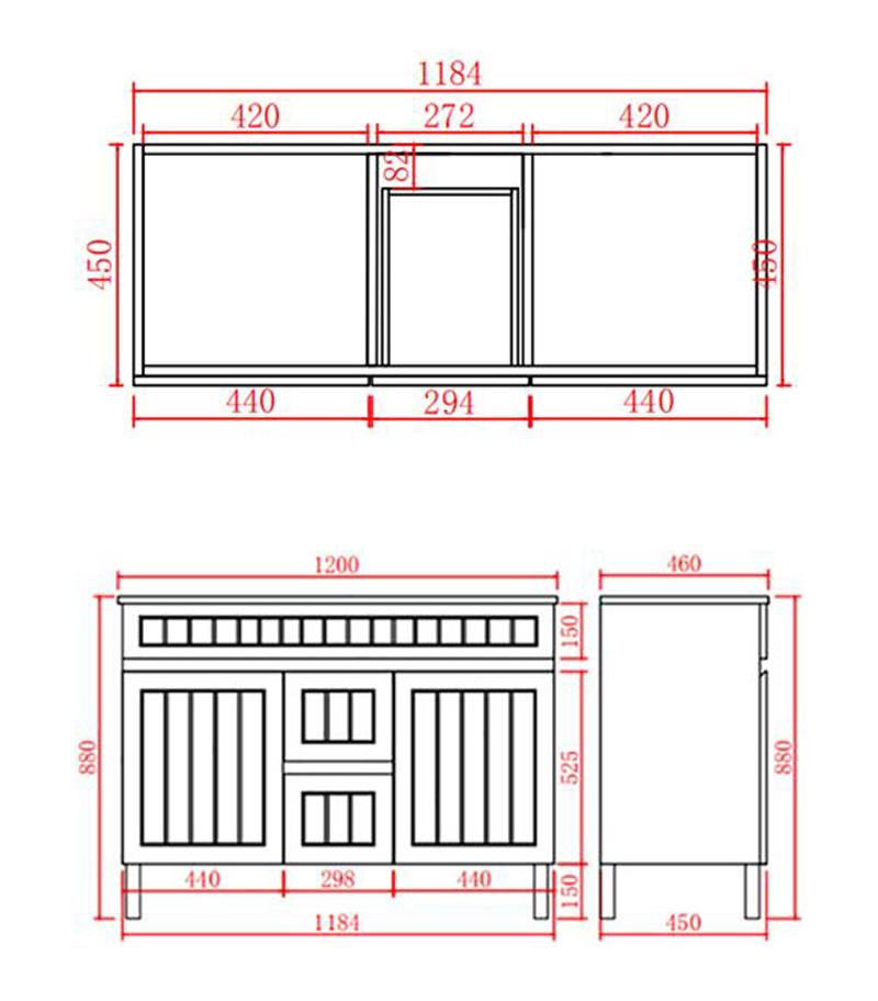 Technical Drawing For Acacia Shaker 1200mm Double Bowls PVC Freestanding Vanity