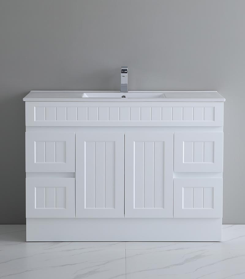 Acacia Shaker Matt White 1200mm Single Bowl PVC Freestanding Vanity With Kickboard