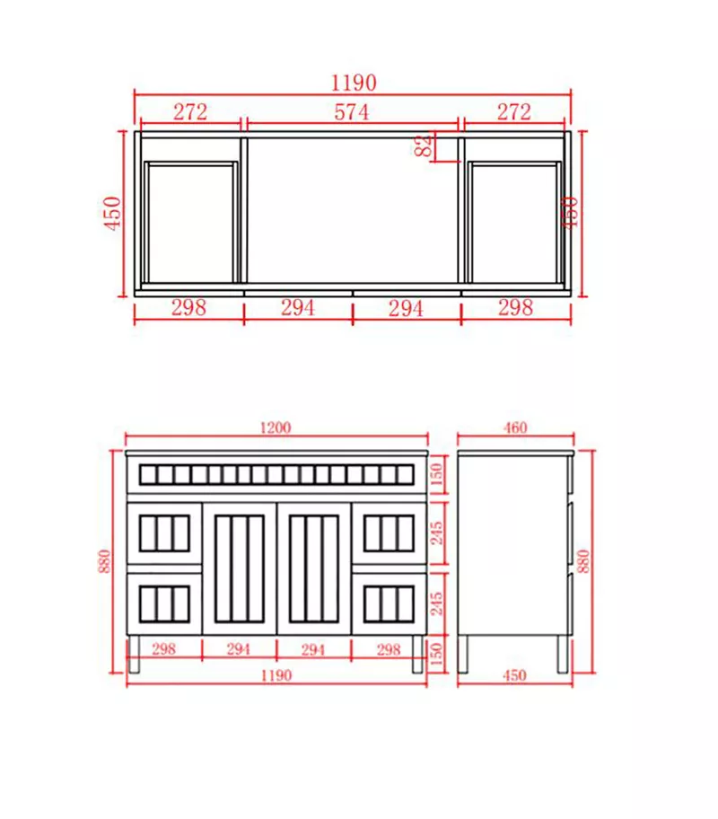 Technical Drawing For Acacia Shaker 1200mm Single Bowl PVC Freestanding Vanity