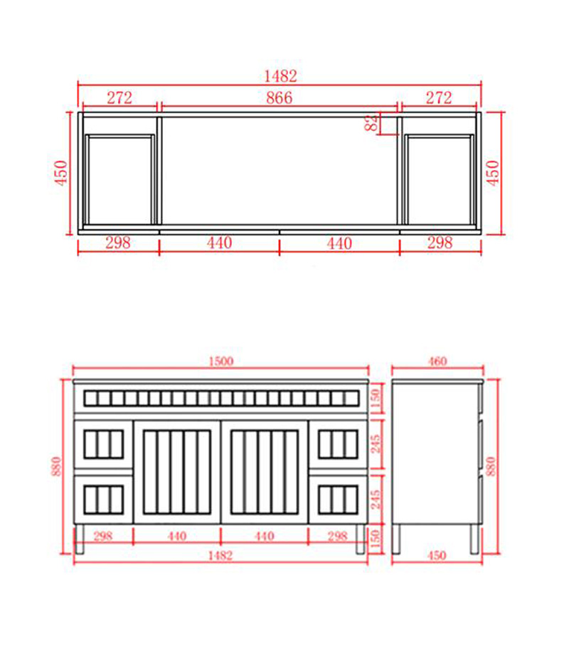Technical Drawing For Acacia Shaker 1500mm Single/Double Bowl PVC Freestanding Vanity
