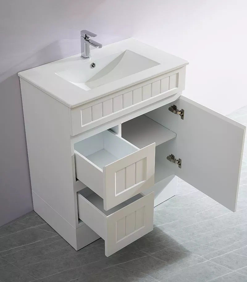 Acacia Shaker Matt White 750mm PVC Freestanding Vanity Interior View Acacia Shaker Matt White 750mm PVC Freestanding Vanity Interior View