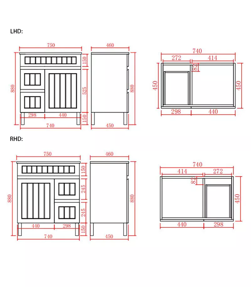 Technical Drawing For Acacia Shaker 750mm PVC Freestanding Vanity