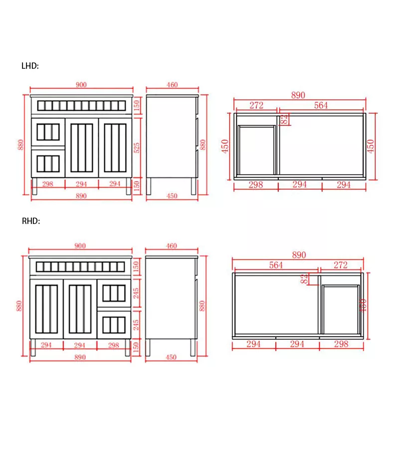 Technical Drawing For Acacia Shaker 900mm PVC Freestanding Vanity