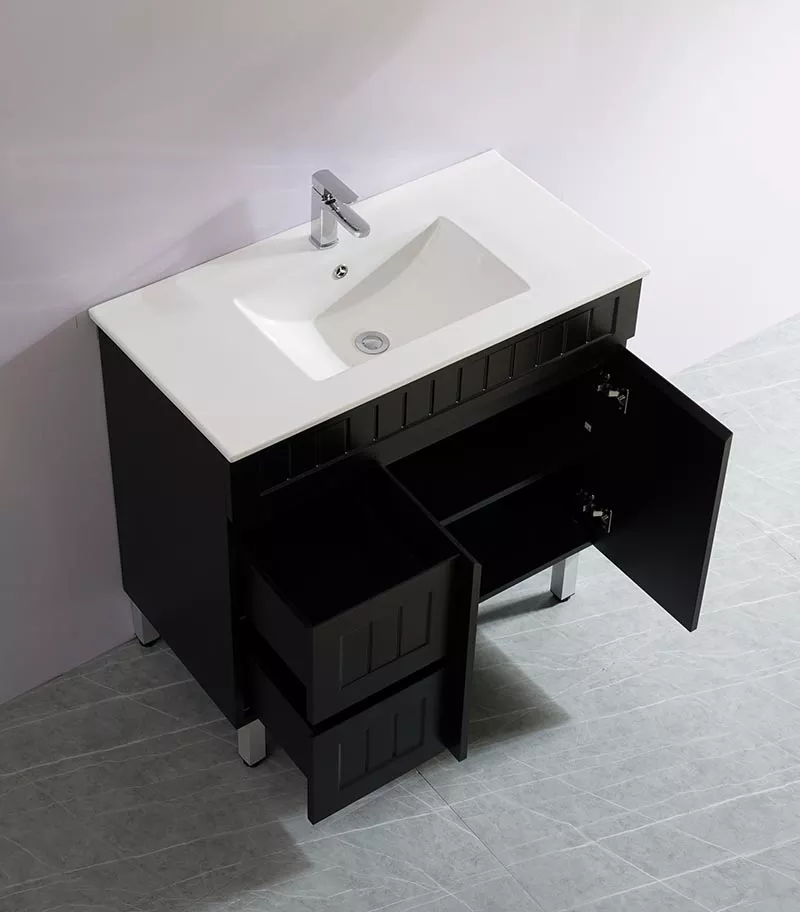 Acacia Shaker Matt Black 900mm PVC Freestanding Vanity Interior View