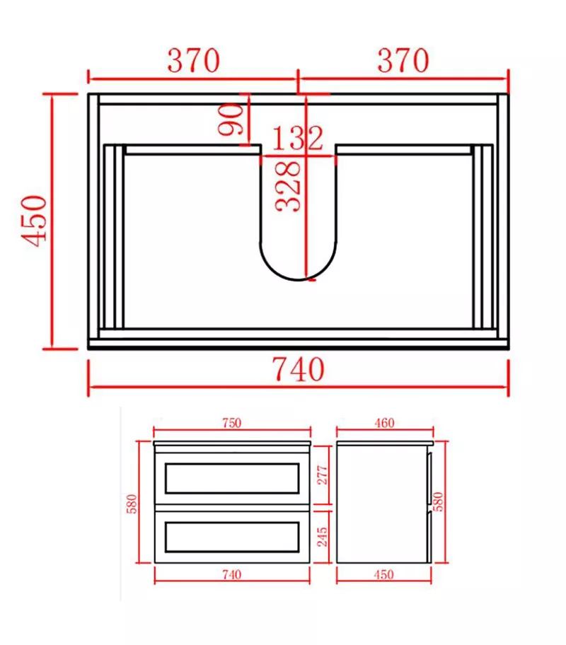 Technical Drawing For Fremantle 750mm PVC Wall Hung Vanity