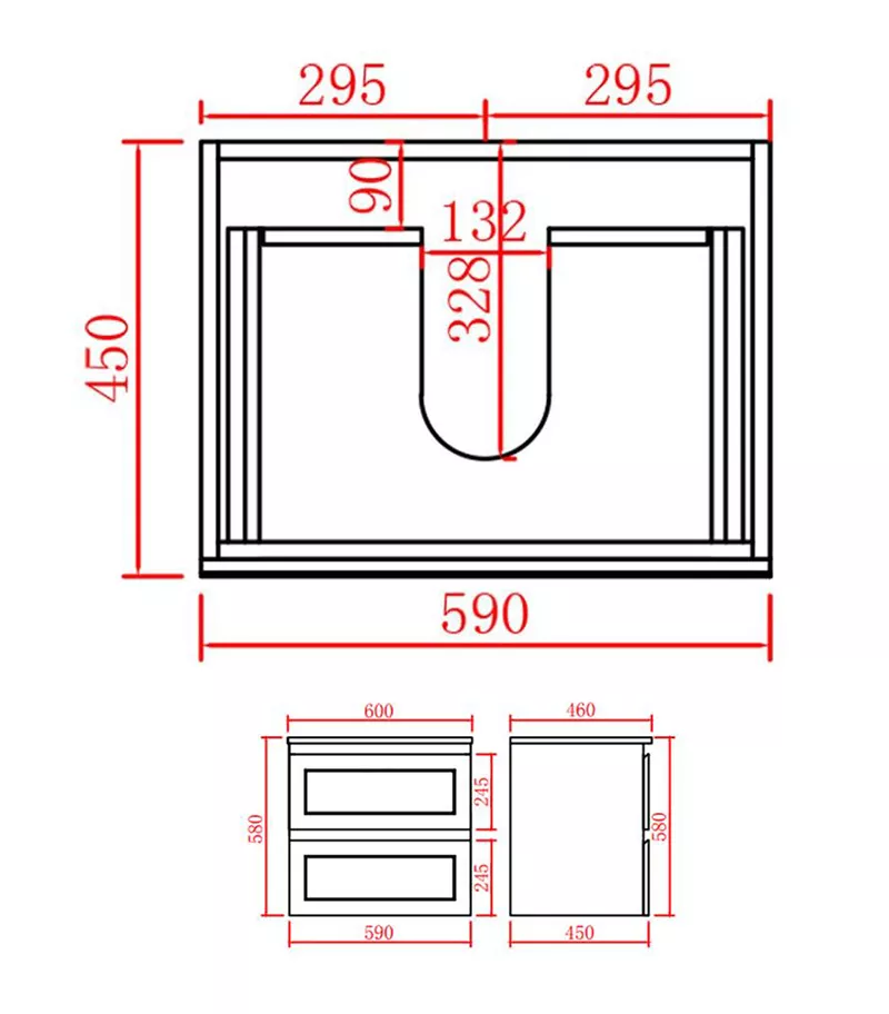 Fremantle 600mm PVC Wall Hung Vanity Technical Drawing