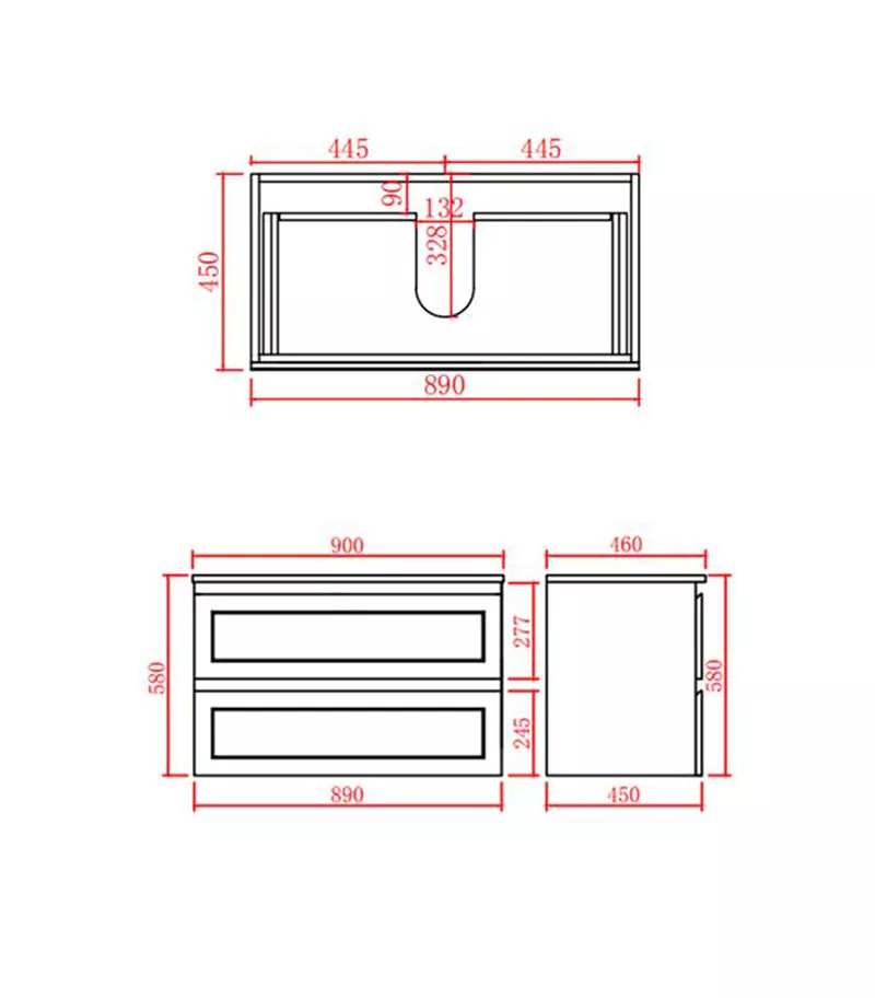Technical Drawing For Fremantle 900mm PVC Wall Hung Vanity Technical Drawing For Fremantle 900mm PVC Wall Hung Vanity