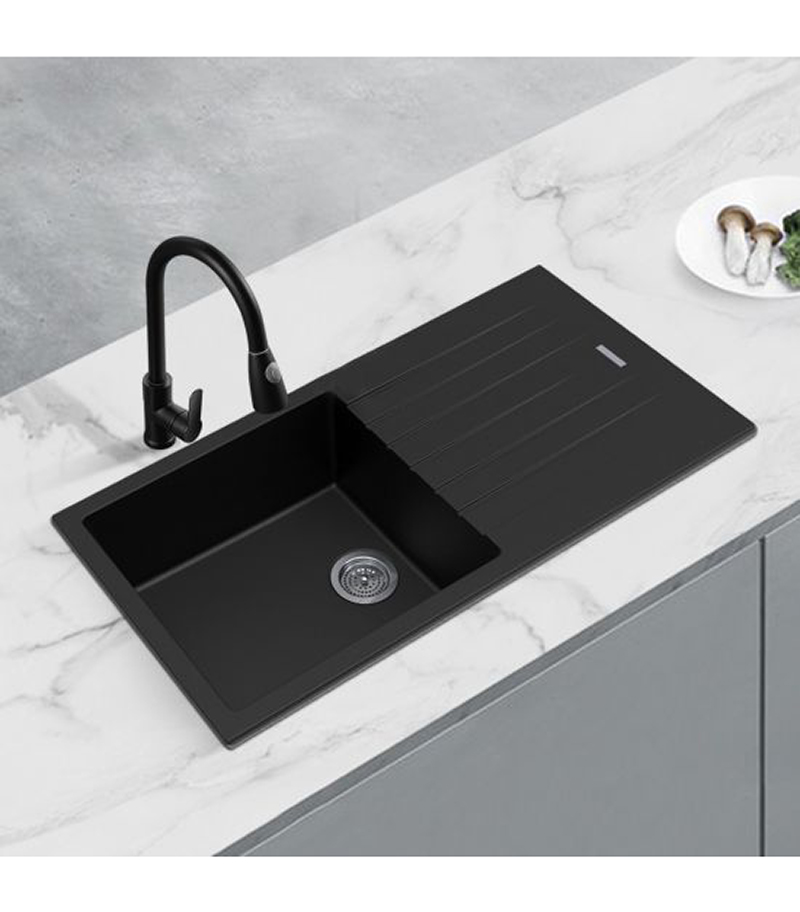 Arete Black Granite Kitchen Sink With Drainboard 1000mm OX1050.KS Background View