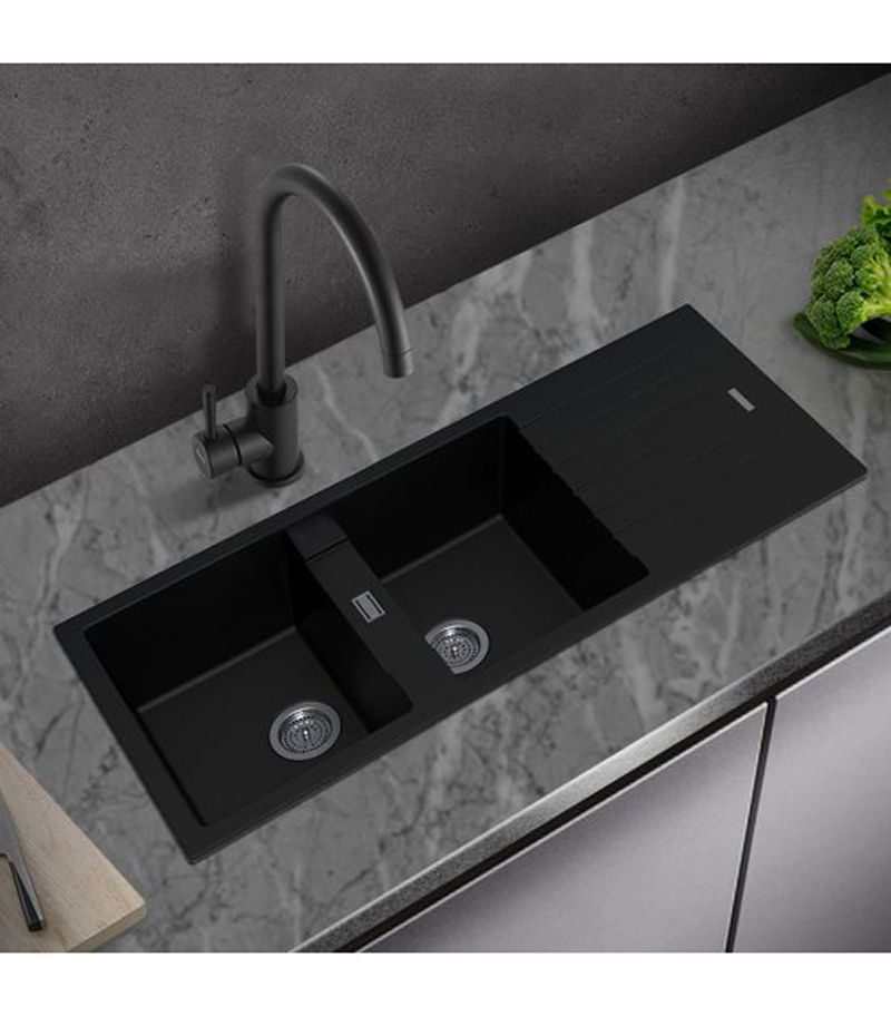 Arete Black Granite Double Bowl Kitchen Sink With Drainboard 1160mm OX1150.KS Background View