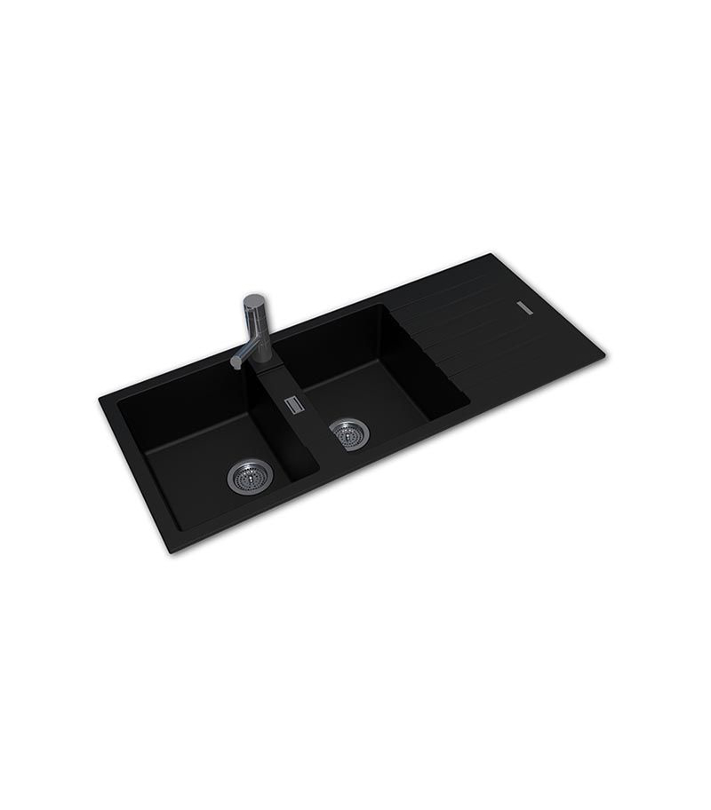 Arete Black Granite Double Bowl Kitchen Sink With Drainboard 1160mm OX1150.KS