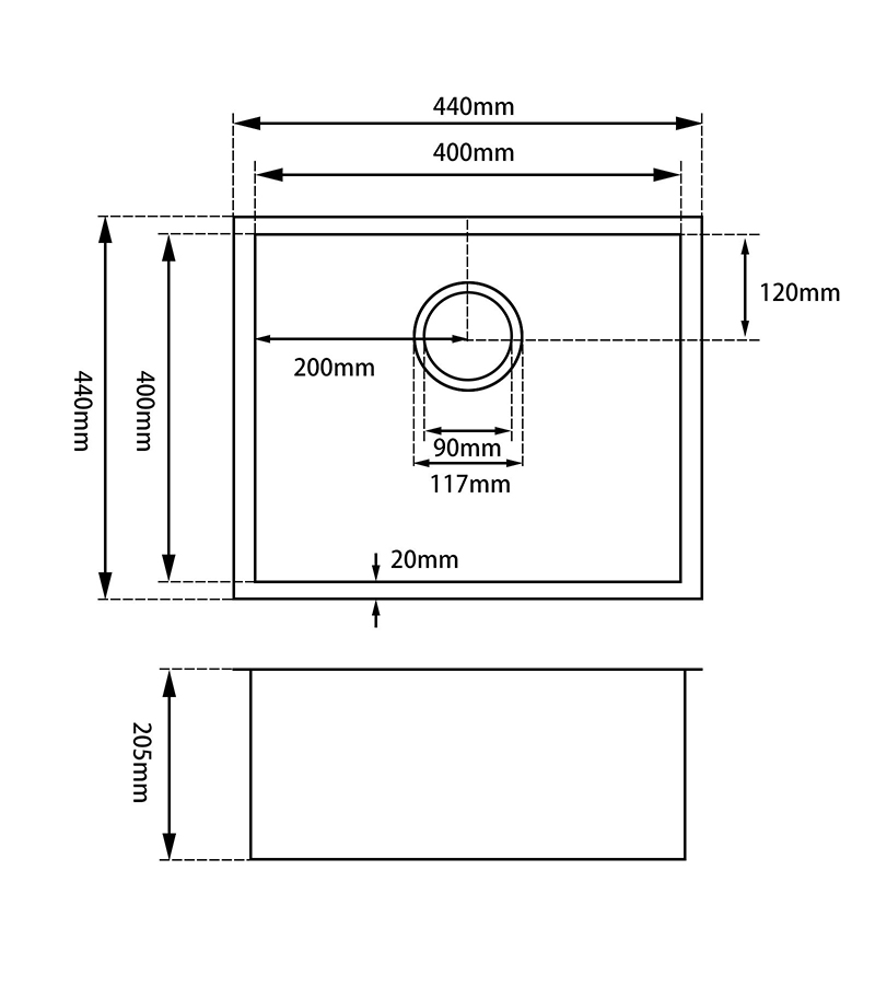 Technical Drawing For Aqua Dark Grey Square Sink 440mm OX4444R.KS