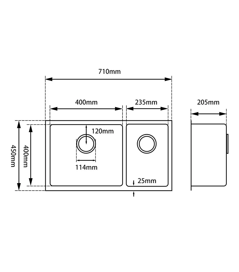 Technical Drawing For Aqua Dark Grey Double Bowl Square Sink 715mm OX7145R.KS