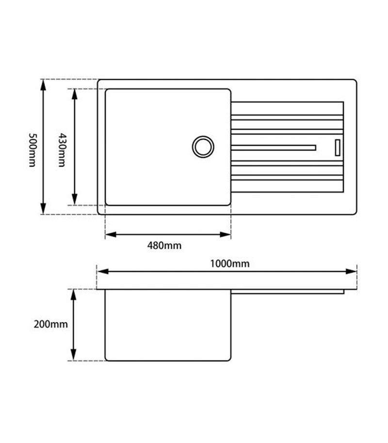 Arete Granite Kitchen Sink With Drainboard 1000mm 1050.KS Technical Drawing