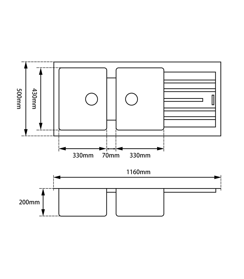 Arete Granite Double Bowl Kitchen Sink With Drainboard 1160mm 1150.KS Technical Drawing