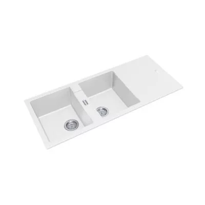 Arete White Granite Double Bowl Kitchen Sink With Drainboard 1160mm WH1150.KS