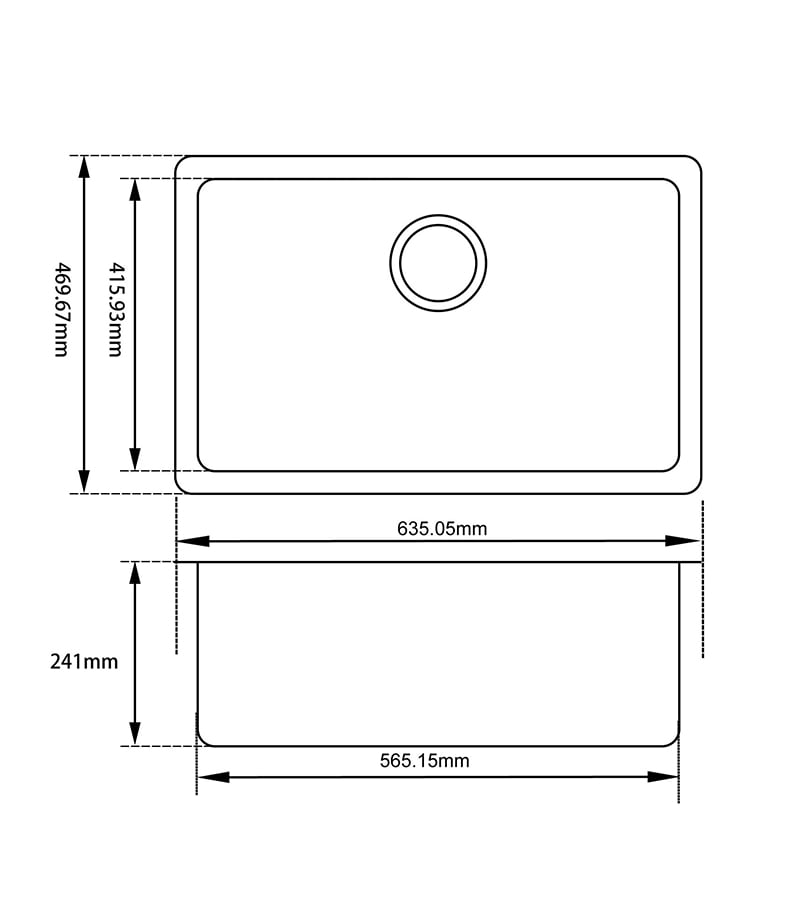 Technical Drawing For Arete Granite Rectangle Kitchen Sink 635mm WH6347.KS