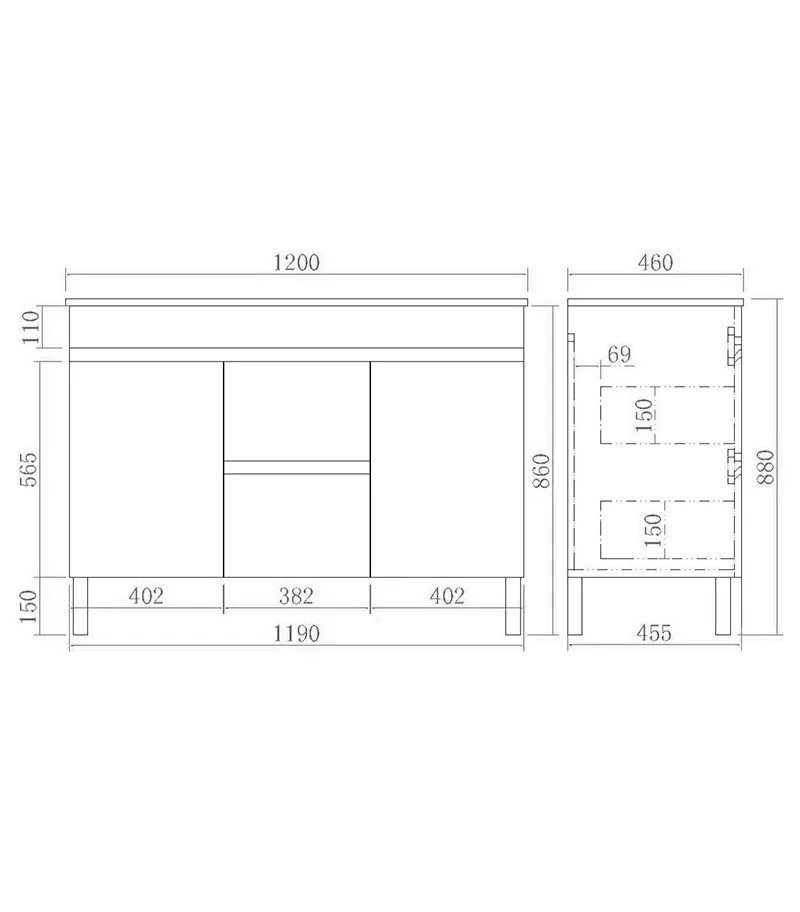 Technical Drawing For Avie 1200mm Double Bowls PVC Freestanding Vanity